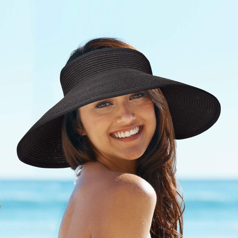 MAYLISACC 2 Pack Wide Brimmed Sun Protection UPF50+ Straw Sun Visor Hats with Cute Bowtie for Women Foldable Packable Black&Beige - Image 2